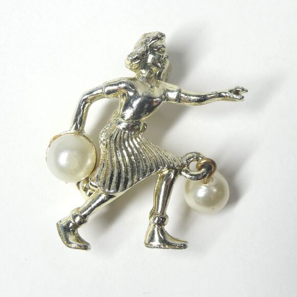 Bowling Woman Pin Faux Pearl Bowler Vintage Figural Brooch - Picture 1 of 6